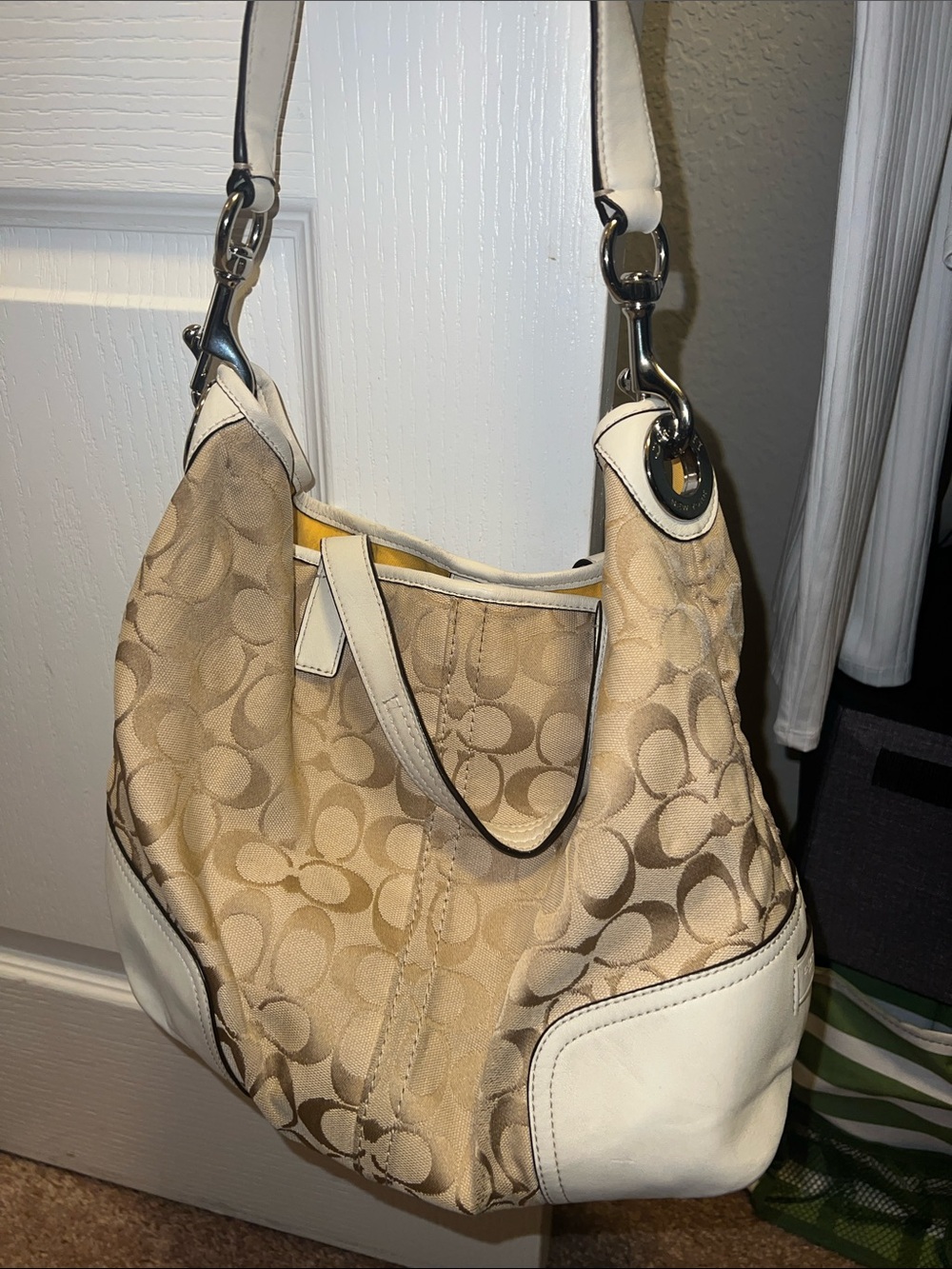 Coach Beige Signature Hobo with White Leather Trim